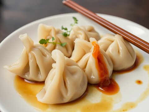 Close-up of delicious yaki gedza dumplings covered in savory sauce, beautifully styled on a rustic plate, food, yaki gedza
