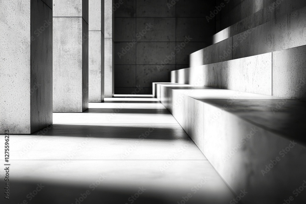 Poster monochromatic view of architectural concrete staircase with dynamic lighting, featuring strong shado