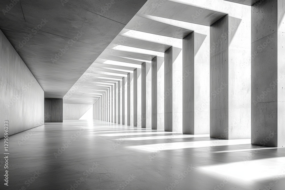 Poster striking monochrome architectural space featuring a long corridor with repetitive columns and dramat
