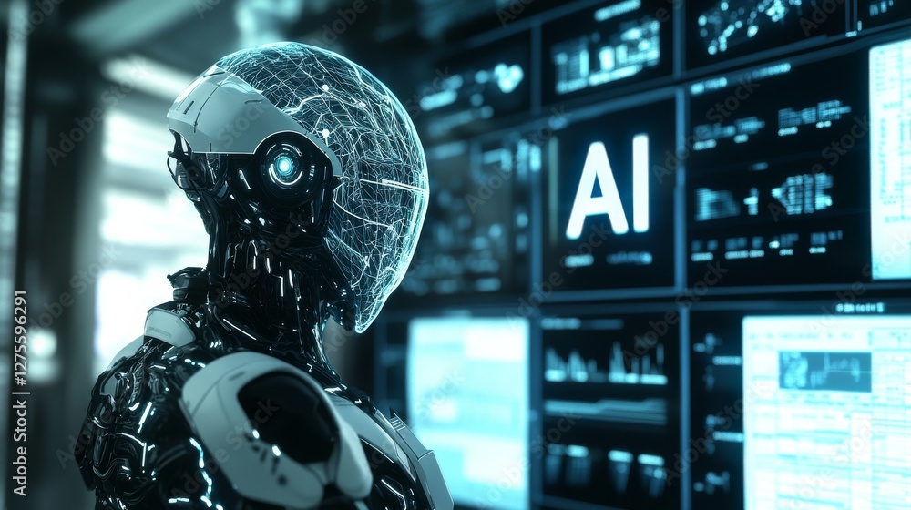 Poster a robot with a futuristic helmet is positioned slightly to the left of center, facing right. its des