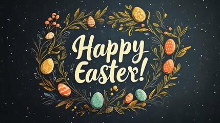 Fototapeta premium Happy Easter banner with flowers colorful eggs on dark