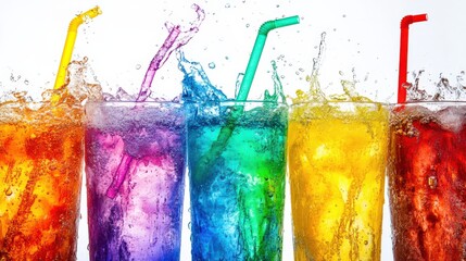 Vibrant splash of colorful drinks in glasses with straws, showcasing refreshing beverages in motion
