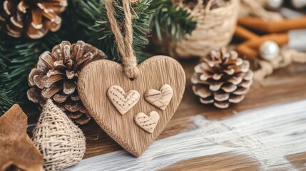 Wooden Heart Ornament Surrounded by Pine Cones and Greenery