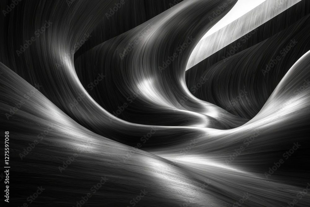 Poster abstract monochrome wave pattern with glossy surfaces, creating a surreal and futuristic landscape w