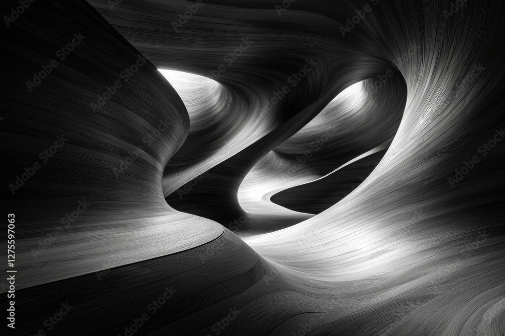Poster monochromatic marvel: an undulating wooden structure captures the interplay of light and shadow, cre