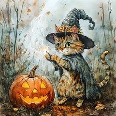 Adorable Halloween Cat in Witch Costume with Glowing Pumpkin - Cute and Spooky Watercolor Art for Seasonal Decor