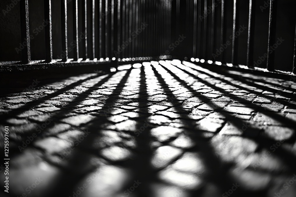 Poster a striking black and white image showing the play of light and shadow through a barred gate on a sto