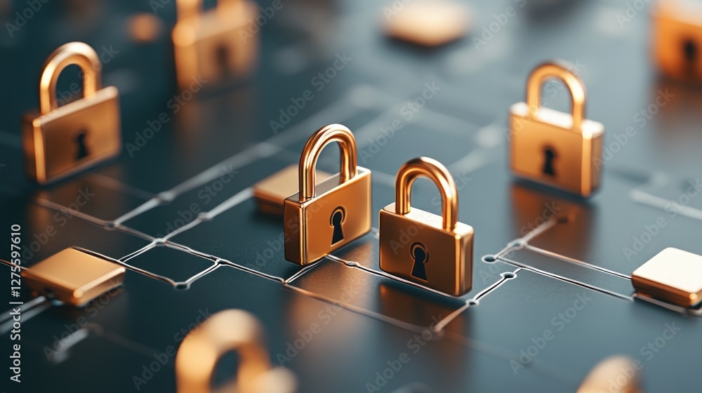 Poster secure network data protection gold padlocks cyber security concept