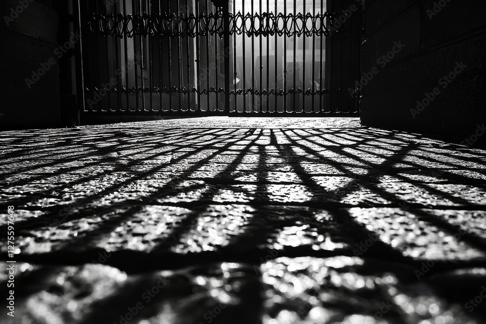 Poster monochrome photograph of a gate's shadow falling on a textured stone surface, creating a striking co