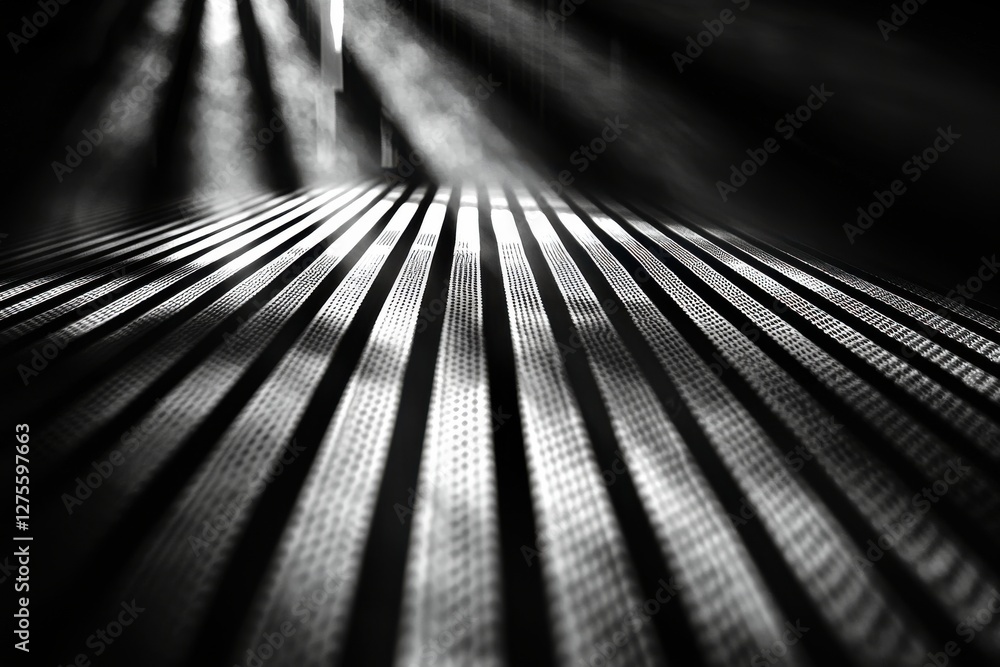 Poster striking monochrome abstract featuring parallel lines illuminated by ethereal light shafts, creating
