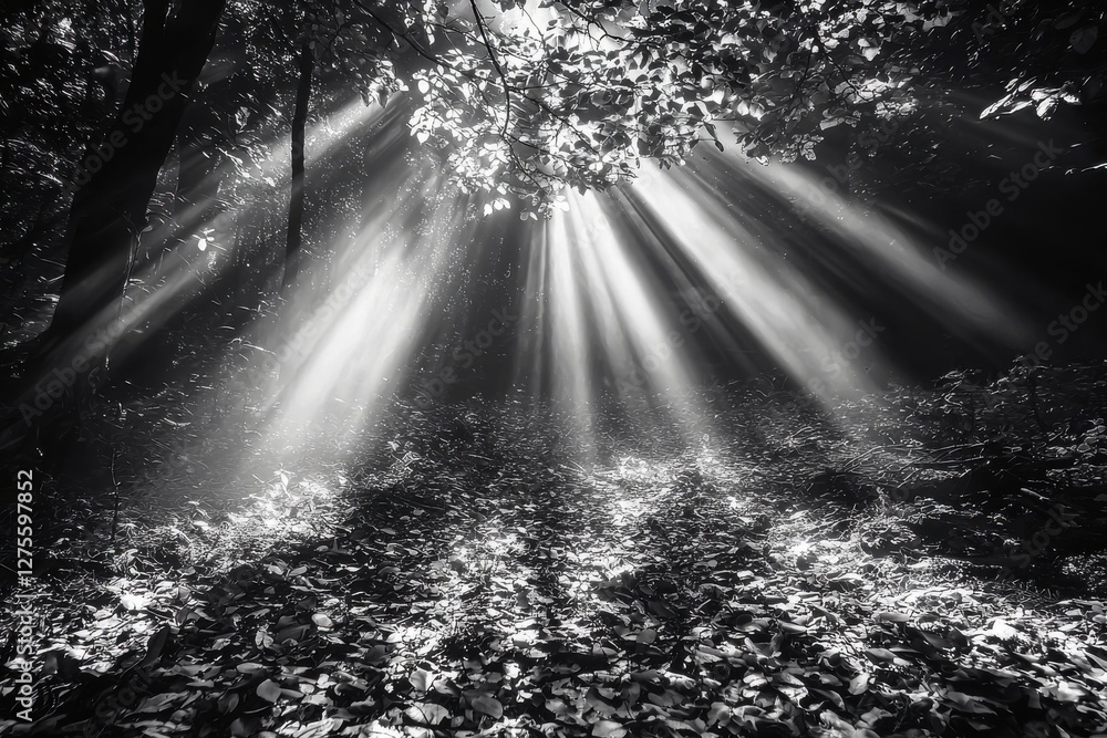 Aufkleber sunlight filters through trees in a black and white forest, illuminating fallen leaves and creating 