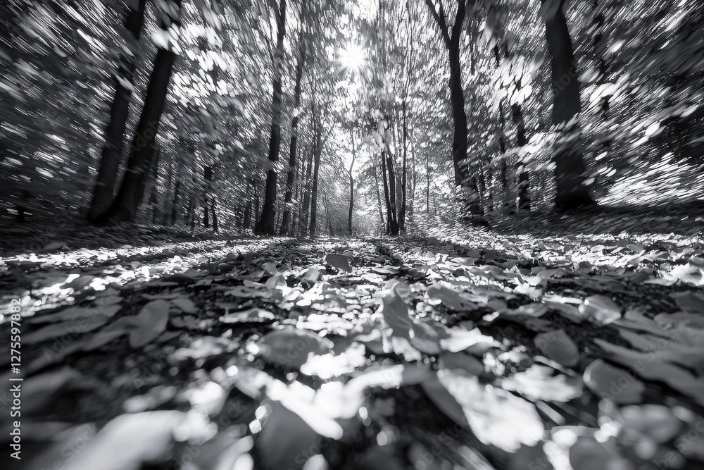 Poster black and white view looking down a tree lined path covered in fallen leaves with sun shining at the