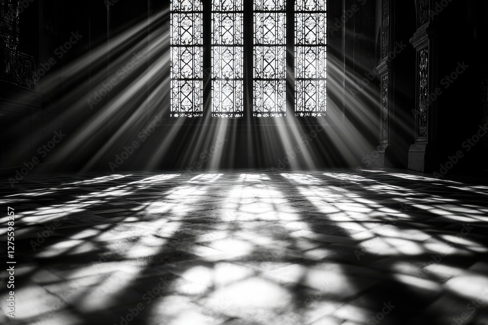 Poster dramatic monochrome interior featuring sunbeams streaming through a large ornate window, creating st
