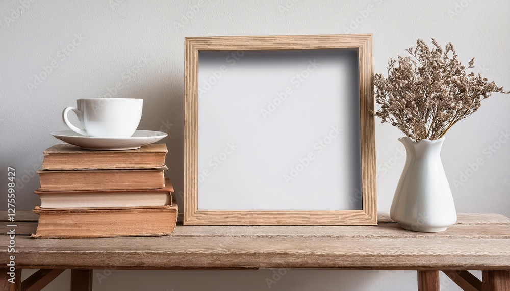 Aufkleber vintage bench and white portrait frame mockups resting on a distressed table surrounded by weathered