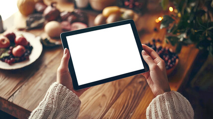 Close-up of a young white woman holding a stylish tablet against the background of a kitchen table with various food, close-up. Mockup of a tablet for website presentation. Healthy eating, diets