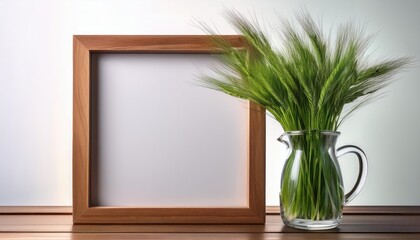 Wooden Square Frame Mockup with Lush Green Grass Scene in Glass Jug at Twilight, Ideal for Digital Art, Home Decor, or Design Inspiration