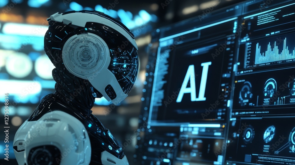 Poster a robot with a futuristic helmet is positioned slightly to the left of center, facing right. its des