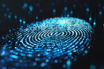 Digital fingerprint with glowing blue particles on a dark background. Futuristic biometric security concept for identification and cybersecurity.
