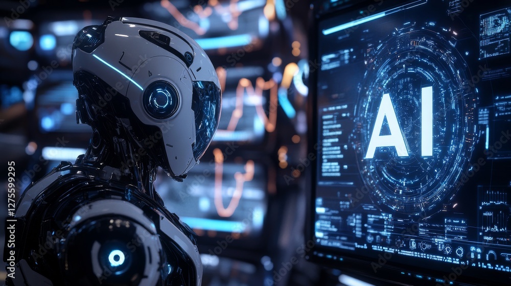 Poster a robot with a futuristic helmet is positioned slightly to the left of center, facing right. its des