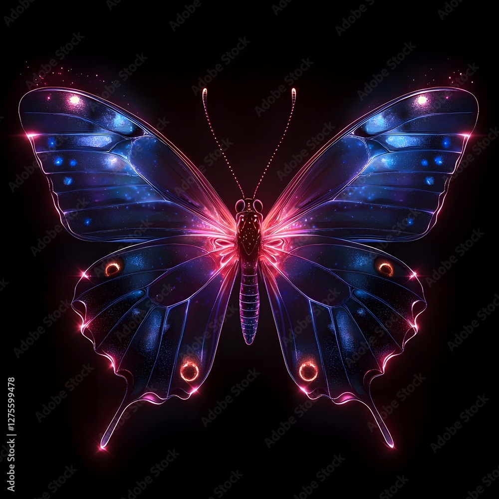 Poster mesmerizing neon butterfly with vibrant gradient wings in a glowing background
