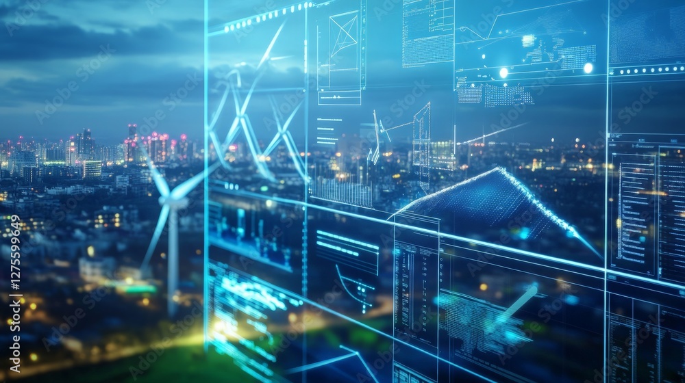 Wall mural digital data visualization overlay on urban skyline at twilight