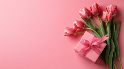 Fototapeta premium Celebrating love and friendship with pink tulips and a beautifully wrapped gift on a soft pastel background