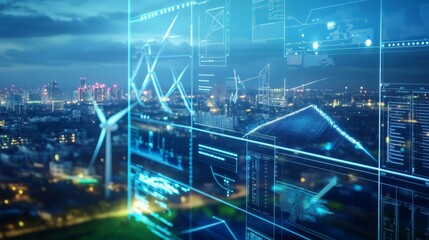 Digital Data Visualization Overlay on Urban Skyline at Twilight