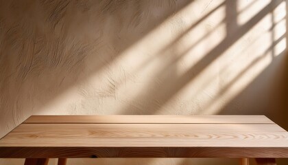 Wooden Table Mockup on Stucco Background with Window Shadow and Earthy Color Tones Elegant, Rustic, and Warm, Perfect for Digital Art, Home Decor, or Design Inspiration.