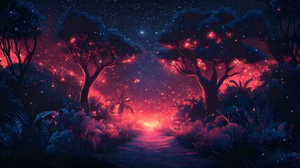 Fototapeta premium Glowing Futuristic Neon Forest with Radiant Plants and Luminous Trees on Dark Starry Night Backdrop