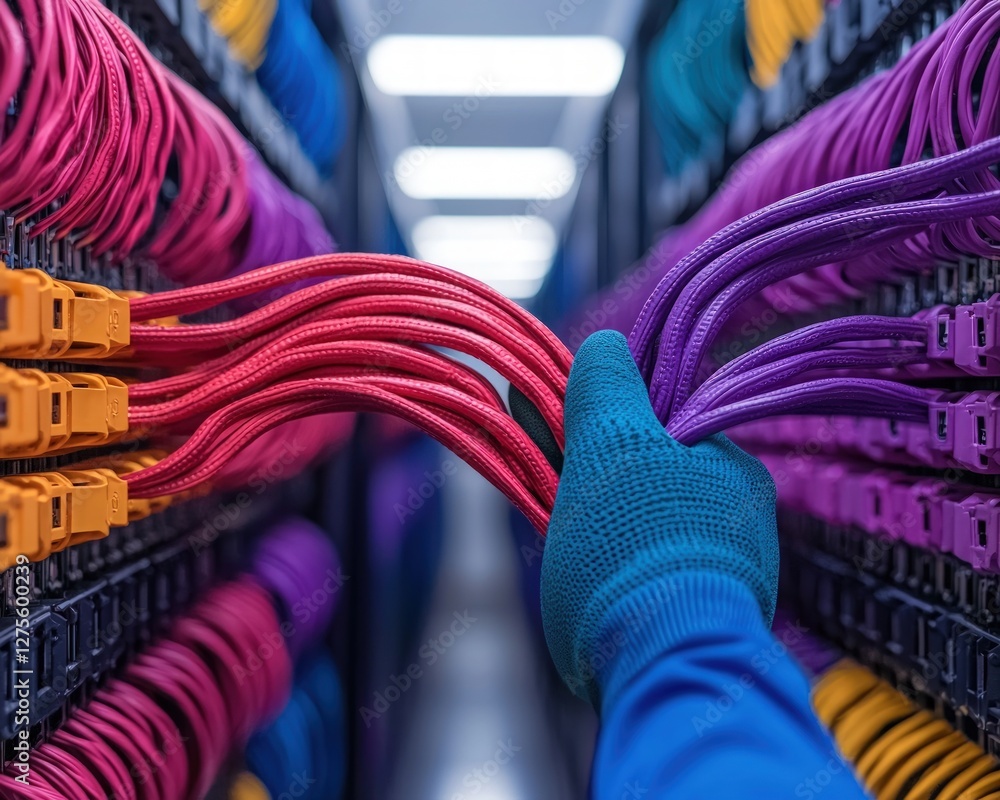 Poster technician s hand connecting colorful network cables in server room