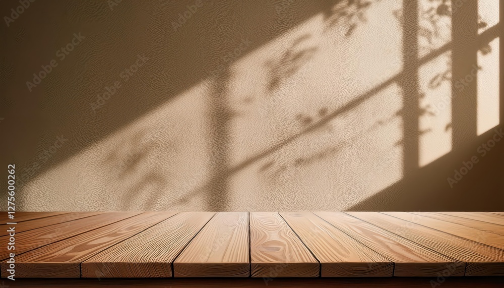 Poster earthytoned wooden table mockup against stucco background with subtle window shadow and beige color 