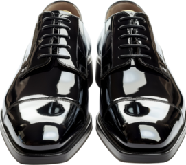 A pair of polished black dress shoes showcasing a classic design and shiny finish.