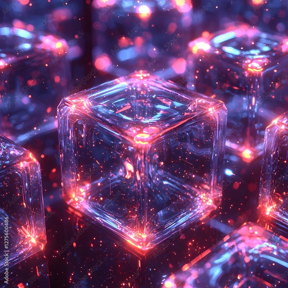 Poster mesmerizing neon cubes adrift in ethereal space with captivating depth and luminous glow