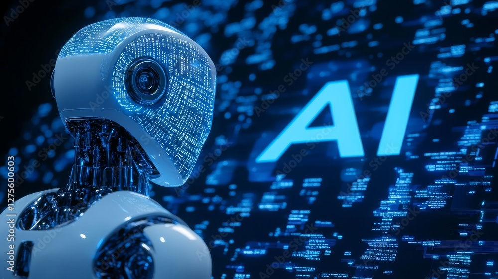 Aufkleber a robot with a futuristic helmet is positioned slightly to the left of center, facing right. its des