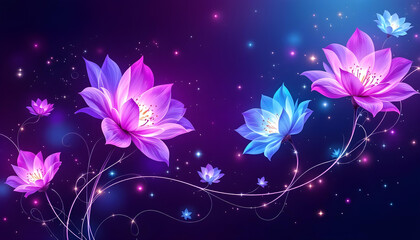 A vibrant digital artwork featuring abstract flowers in shades of pink, blue, and purple, set against a deep purple background with glowing light effects and decorative swirling patterns