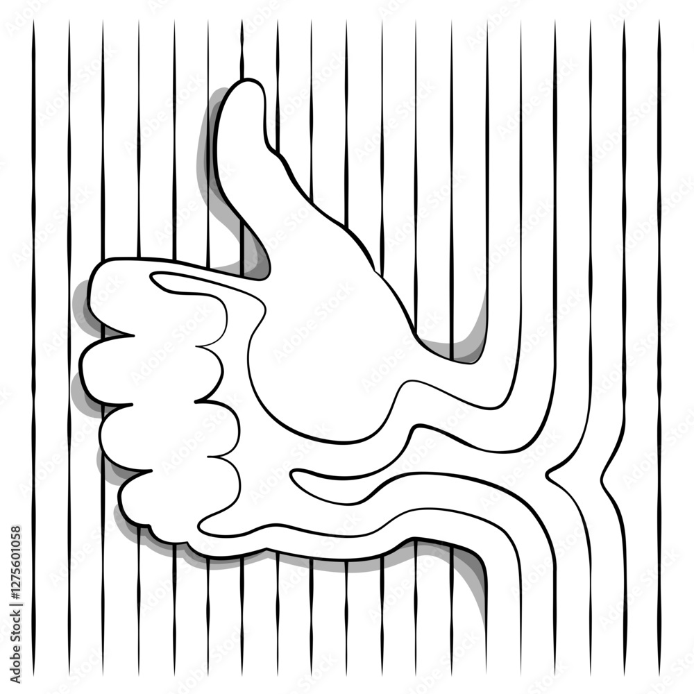 Poster human hand gesture thumb up silhouette outline of several single lines. abstraction of lines. wave m