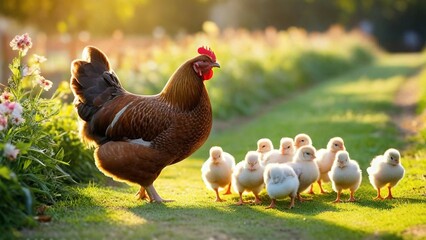 Concetti di primavera: chioccia con pulcini in uma mattina di primavera