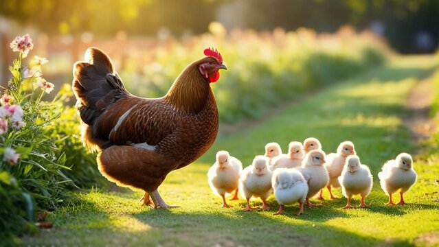 Concetti di primavera: chioccia con pulcini in uma mattina di primavera