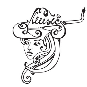 Beautiful woman face with musical instruments in jazz style, hand drawn vector illustration, black isolated on white background