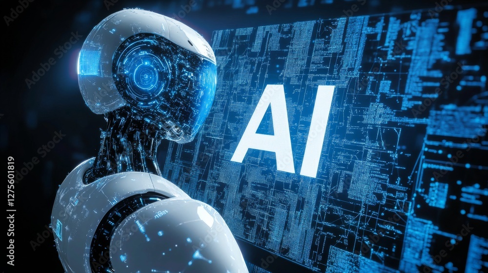 Poster a robot with a futuristic helmet is positioned slightly to the left of center, facing right. its des