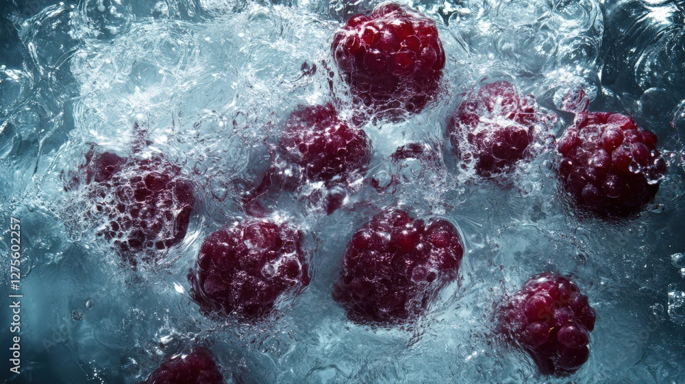 Poster fresh raspberries splashing in water, creating dynamic bubbles and vibrant colors