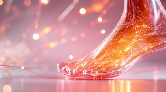 This imaginative artwork showcases a transparent foot with glowing veins, merging technology and biology, symbolizing modernity and the intricate connection of life energy.