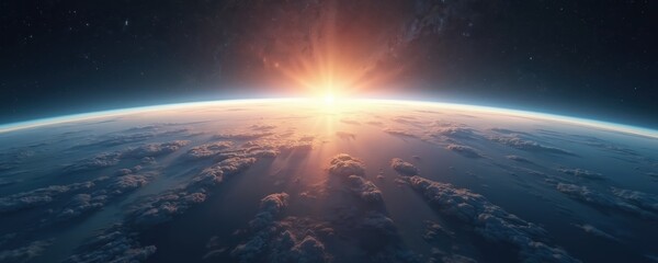 Illustration of sunrise over Earth from space. Sunlight and sunbeams over horizon with blue planet, stars and clouds. Atmosphere, science and nature themes for banners or backgrounds.