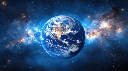 Naklejka premium View of Earth from space surrounded by a dazzling starry sky featuring the Americas in the foreground