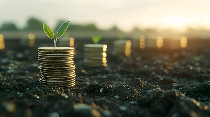 Growth of Investment: Coins with Sprouting Plants in Soil