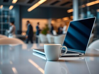 Obraz premium Laptop, computer, tablet, mobile phone, pen and notebook on office table for business concept, in clean office, Generative AI Illustration.