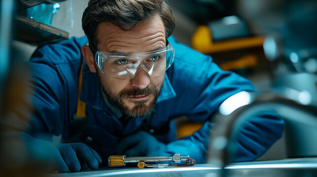 Skilled plumber in blue jumpsuit working on pipes while ensuring safety with protective gear
