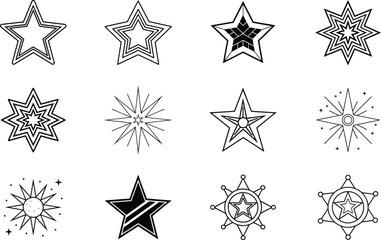 Twelve Diverse Star Designs Simple, Geometric, and Ornate Star Icons