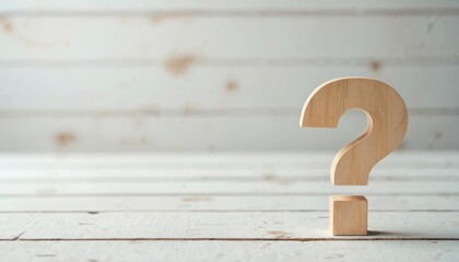 Wooden question mark on a white wooden background. Symbolizes questions, uncertainty and search for answers. Concept of problem solving, business and education ideas.