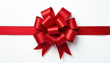 Red ribbon bow on smooth satin, isolated on white. Perfect for gift wrapping or decoration, finery, attractive detail, arrangement, present, charming display, festive mood.